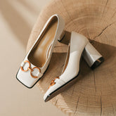 Faigy Square Toe Gold Chain Heels White NEW GEW